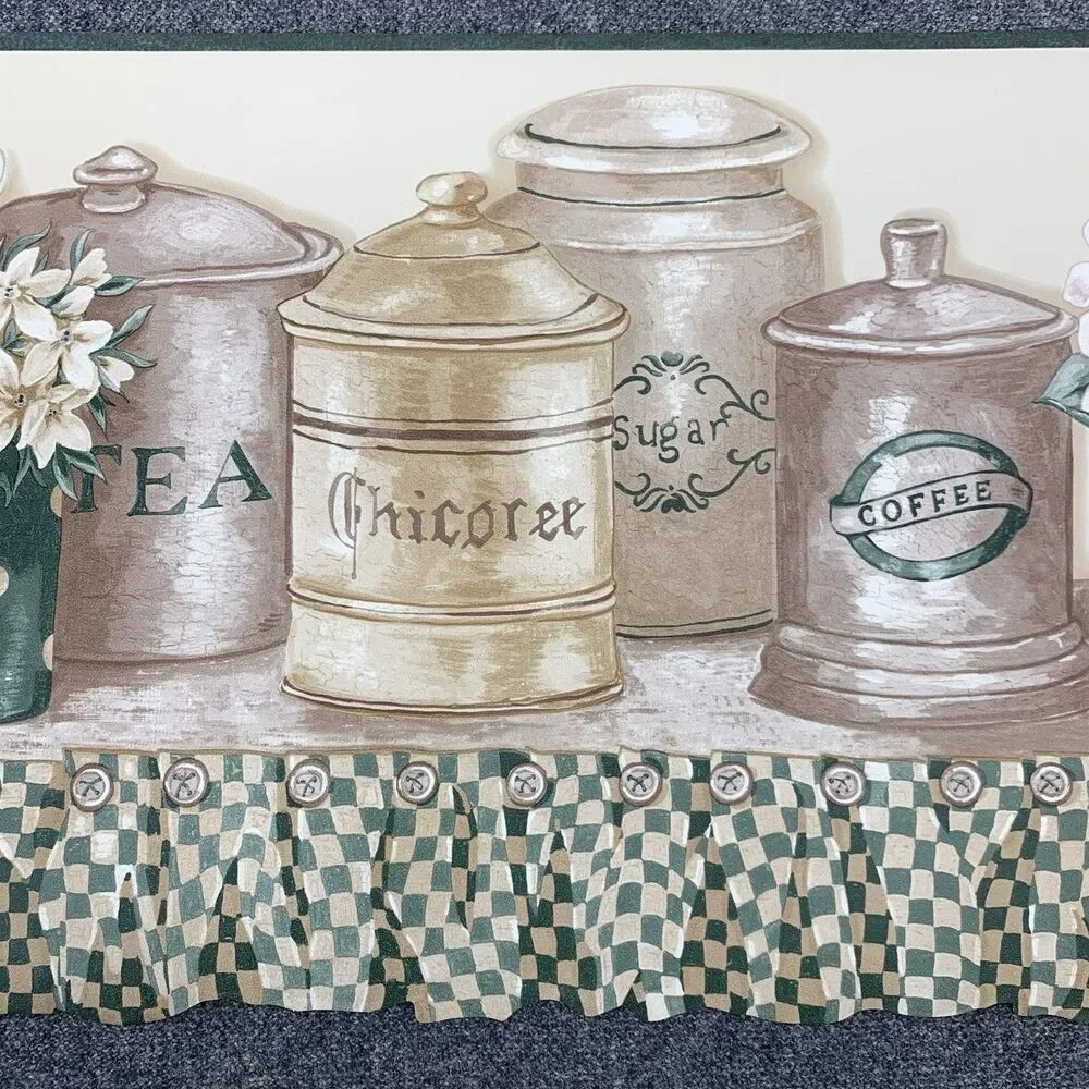 Vintage Border Country Kitchen Cannister Set on Hutch Shelf Coffee Tea Cookies